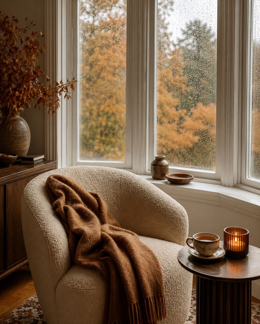 A cozy chair with a brown blanket beside a table holding a cup, saucer, and candle. Large windows reveal rainy weather and autumn trees, creating a warm, inviting atmosphere indoors.