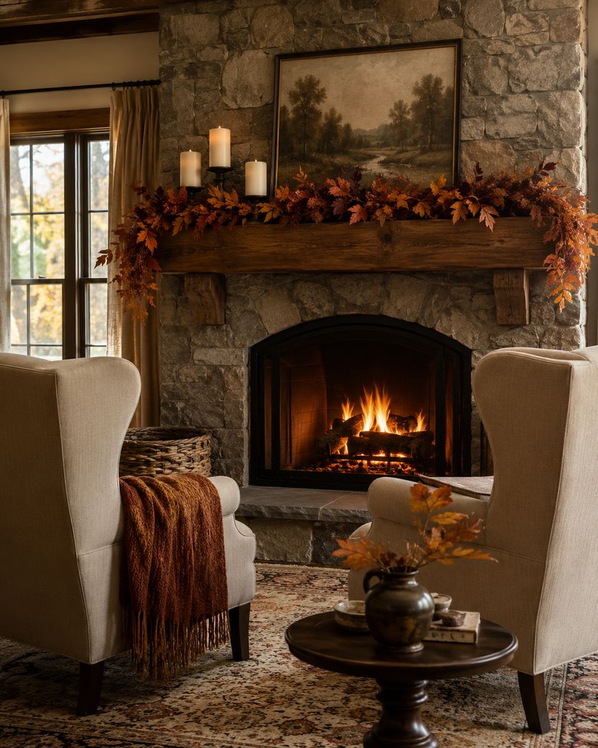 Two beige armchairs face a stone fireplace with a roaring fire. The mantel is decorated with autumn leaves, candles, and a landscape painting. Warm, cozy lighting fills the rustic room.