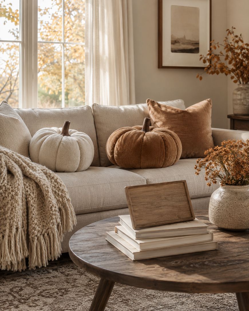 Cozy living room with a beige sofa, chunky knit throw, and pumpkin-shaped pillows. A wooden coffee table holds books and a tray. Warm light streams through windows, highlighting fall decor and neutral tones.