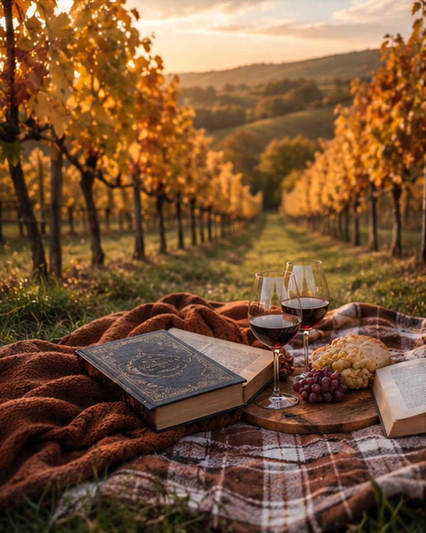 A cozy picnic with books, two glasses of red wine, grapes, and cheese on a blanket in a vineyard at sunset, surrounded by autumn-colored grapevines.