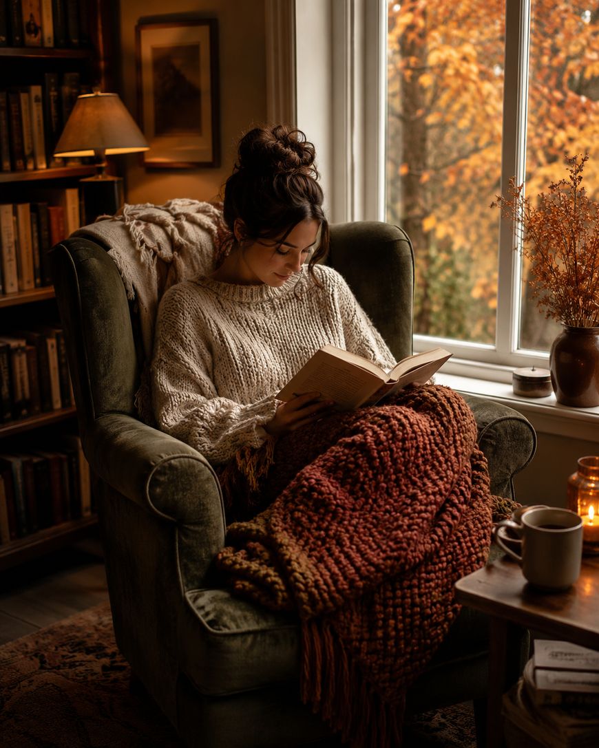 A woman in a cozy sweater reads a book on a green armchair, wrapped in a knit blanket. Autumn trees are visible through the window, and warm light fills the room decorated with books and a candle.