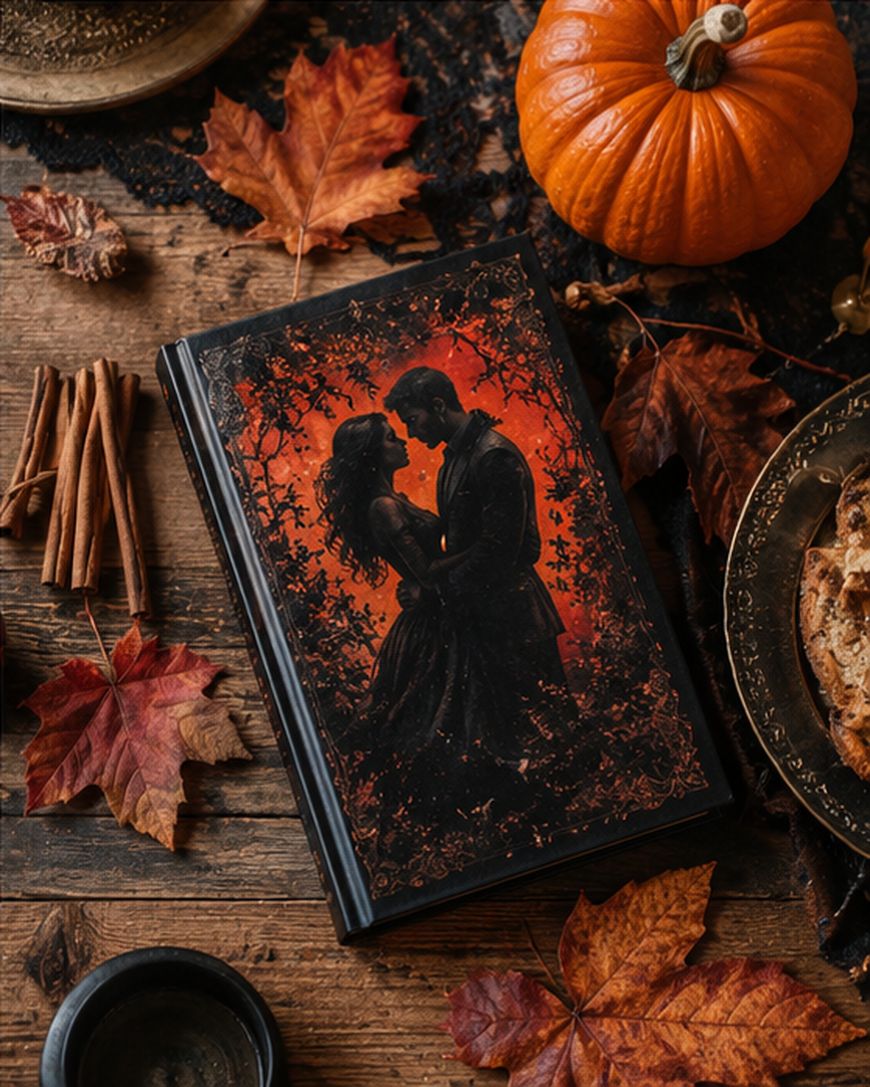 A book with a cover showing a romantic couple stands on a rustic table with autumn leaves, cinnamon sticks, a small pumpkin, a plate of pie, and vintage dishes, creating a cozy fall atmosphere.