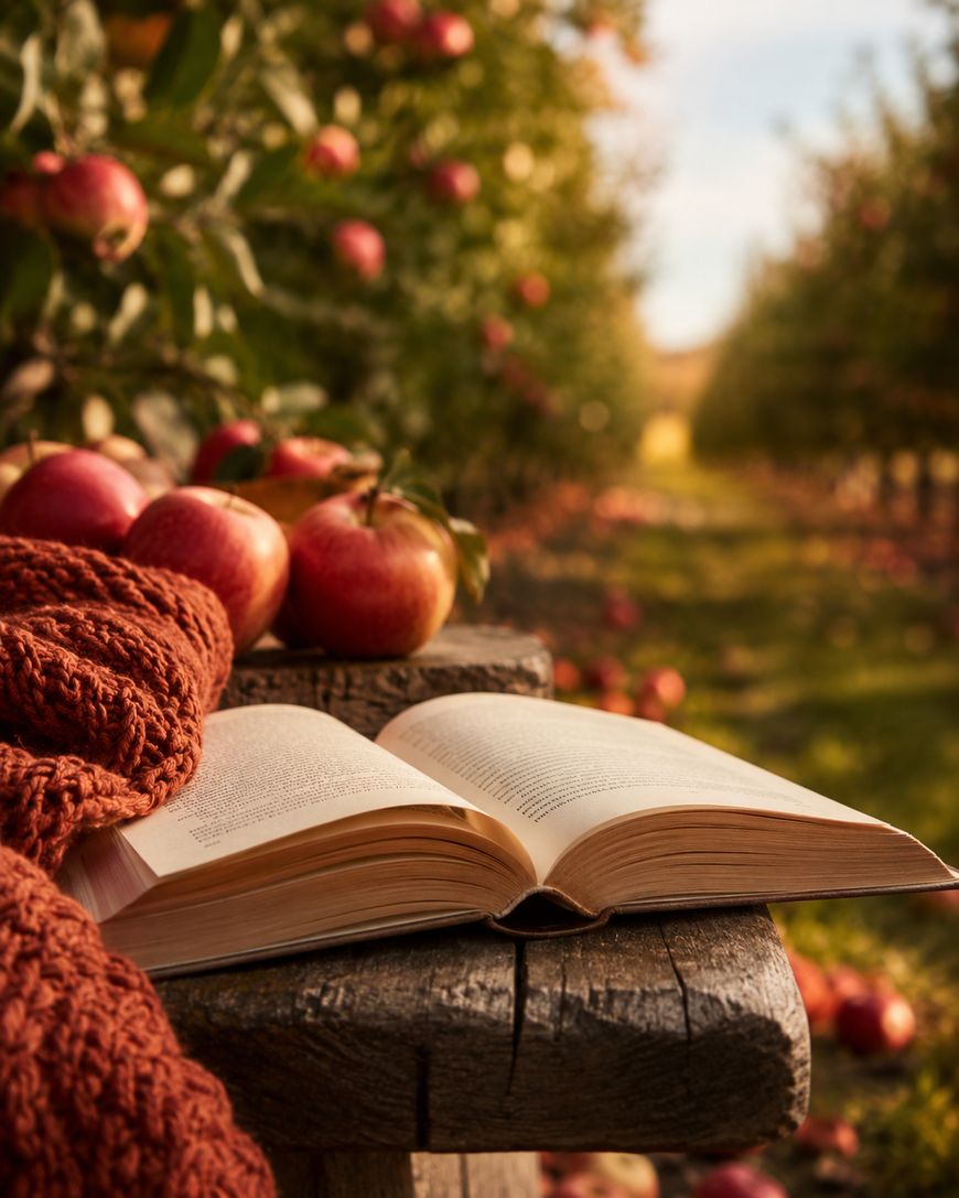 An open book rests on a rustic wooden bench beside a red knitted scarf and apples, set in a sunlit orchard with rows of apple trees in the background.