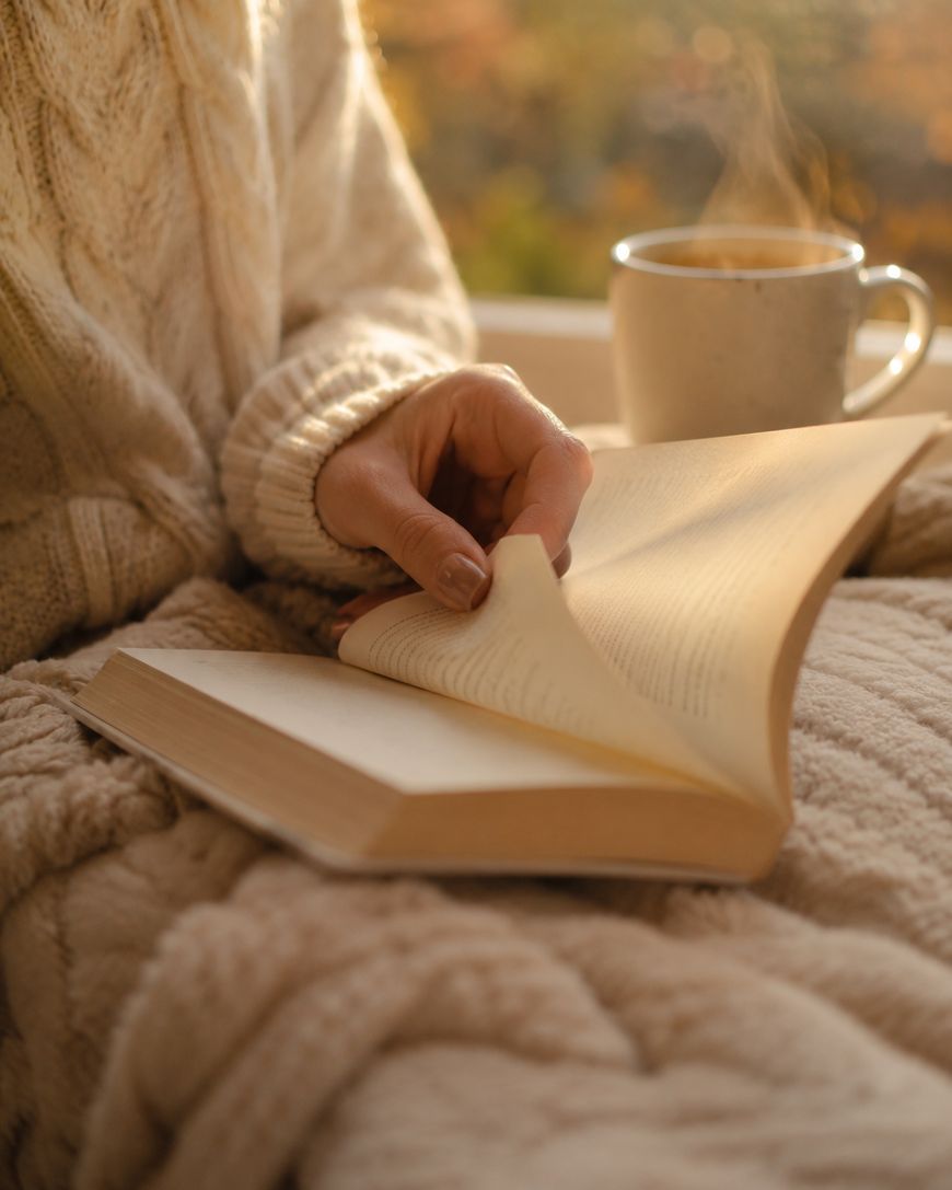 A person in a cozy knit sweater sits with a blanket, turning the page of a book. A steaming mug rests nearby, bathed in warm, soft light.