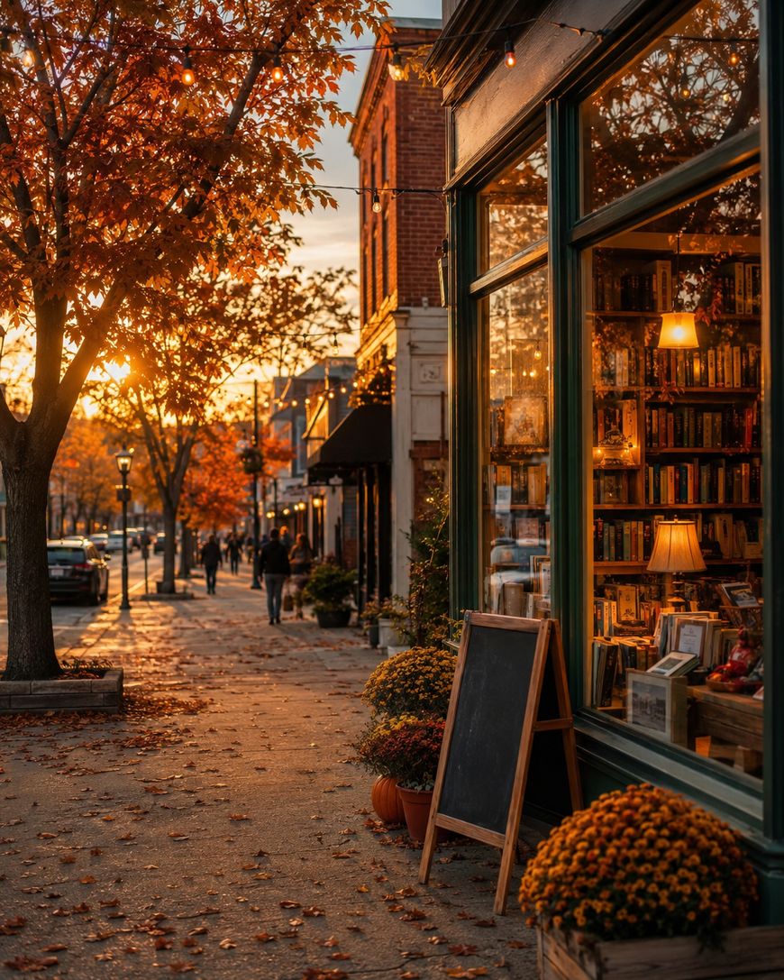 A cozy bookstore with a lit lamp inside sits on a tree-lined street at sunset in autumn. Orange leaves, potted flowers, and a chalkboard decorate the sidewalk, while a few people walk in the distance.