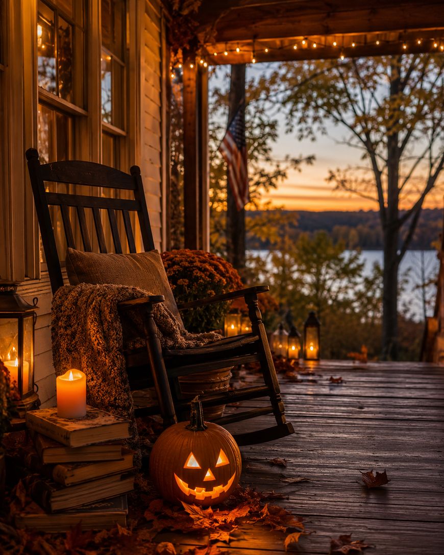 A cozy porch at sunset with a rocking chair, blanket, stack of books, glowing jack-o’-lantern, candles, autumn leaves, and string lights, overlooking a lake and trees with an American flag in the background.