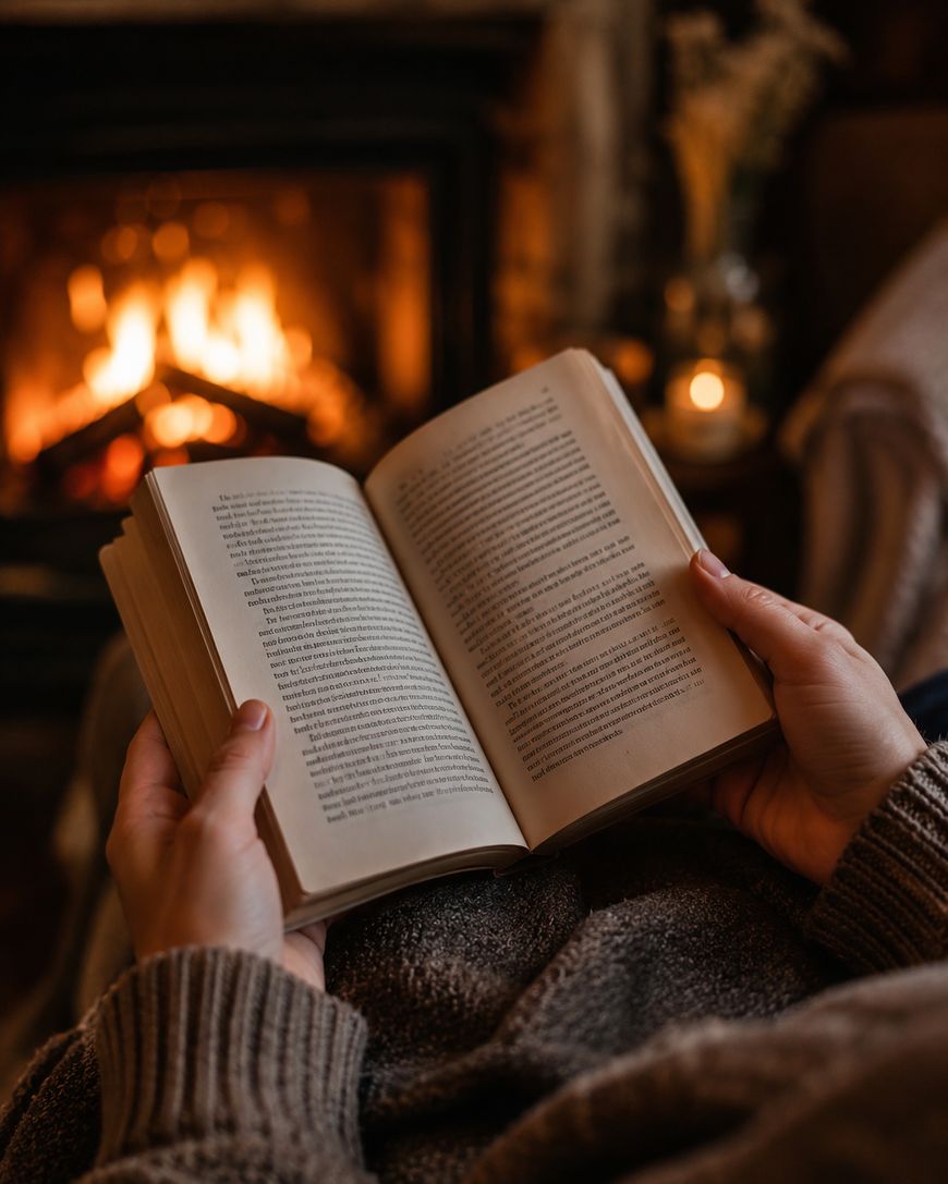 A person in a cozy sweater reads a book by a warm, glowing fireplace, creating a relaxing and comfortable atmosphere.