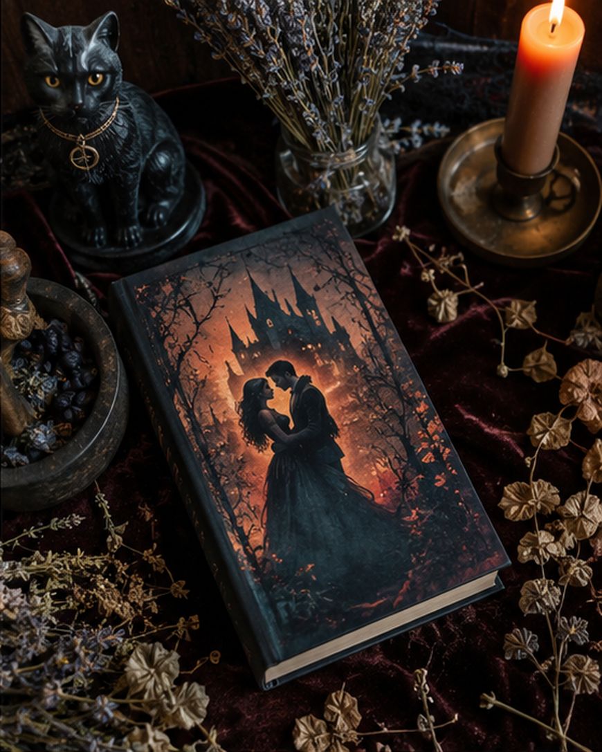 A book with a romantic, gothic cover featuring a couple and a castle, surrounded by dried flowers, a black cat statue, a candle, and a bowl of berries on a dark velvet surface.