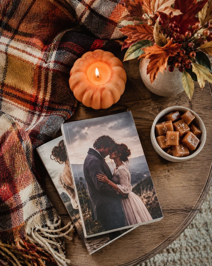 A cozy autumn scene with a plaid blanket, a lit pumpkin-shaped candle, a vase of fall leaves, a bowl of caramels, and two romance novels featuring a couple embracing on the covers.