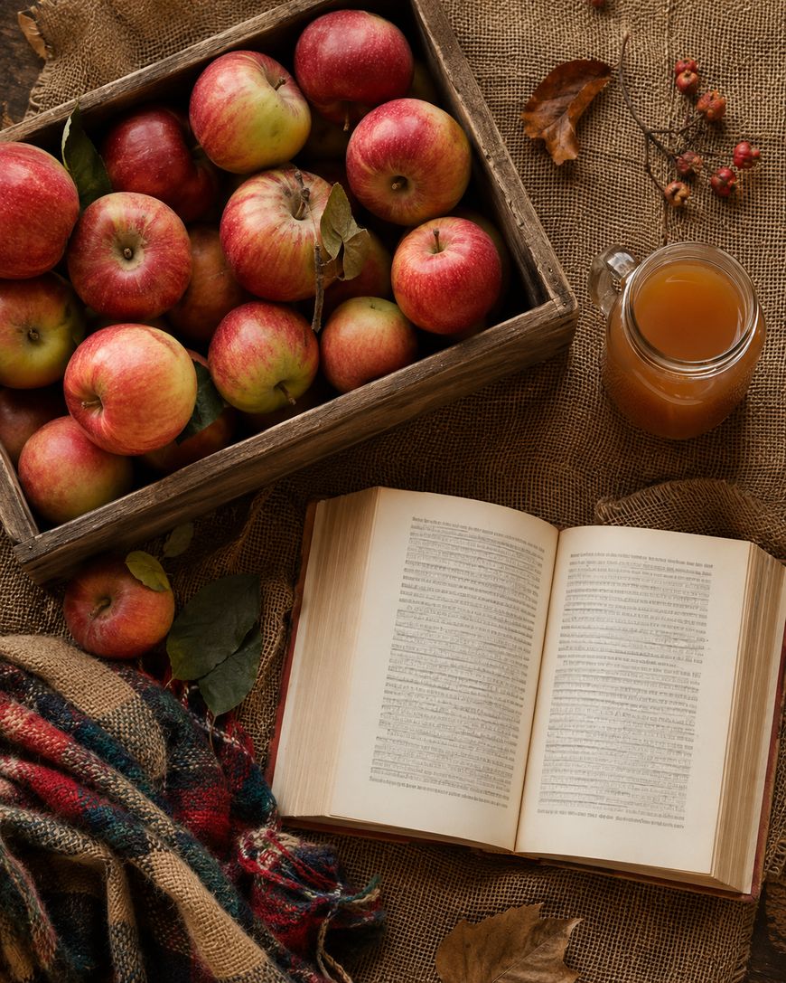 Three books with brown and red covers stacked on a cozy knit blanket, next to a mug of apple cider with a cinnamon stick and apple slices. Autumn leaves are scattered around, suggesting a cozy fall setting.
