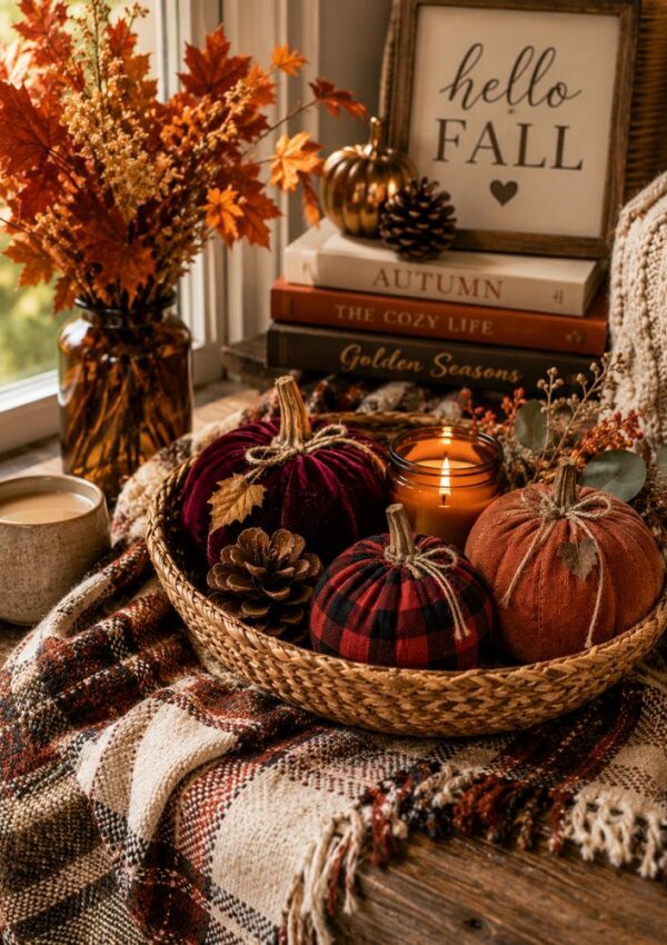 A cozy autumn scene with plaid pumpkins, a candle, pinecones, a mug, and fall leaves on a plaid blanket near a window. Stacked books and a sign reading hello FALL inspire the best fall sewing and seasonal sewing projects.