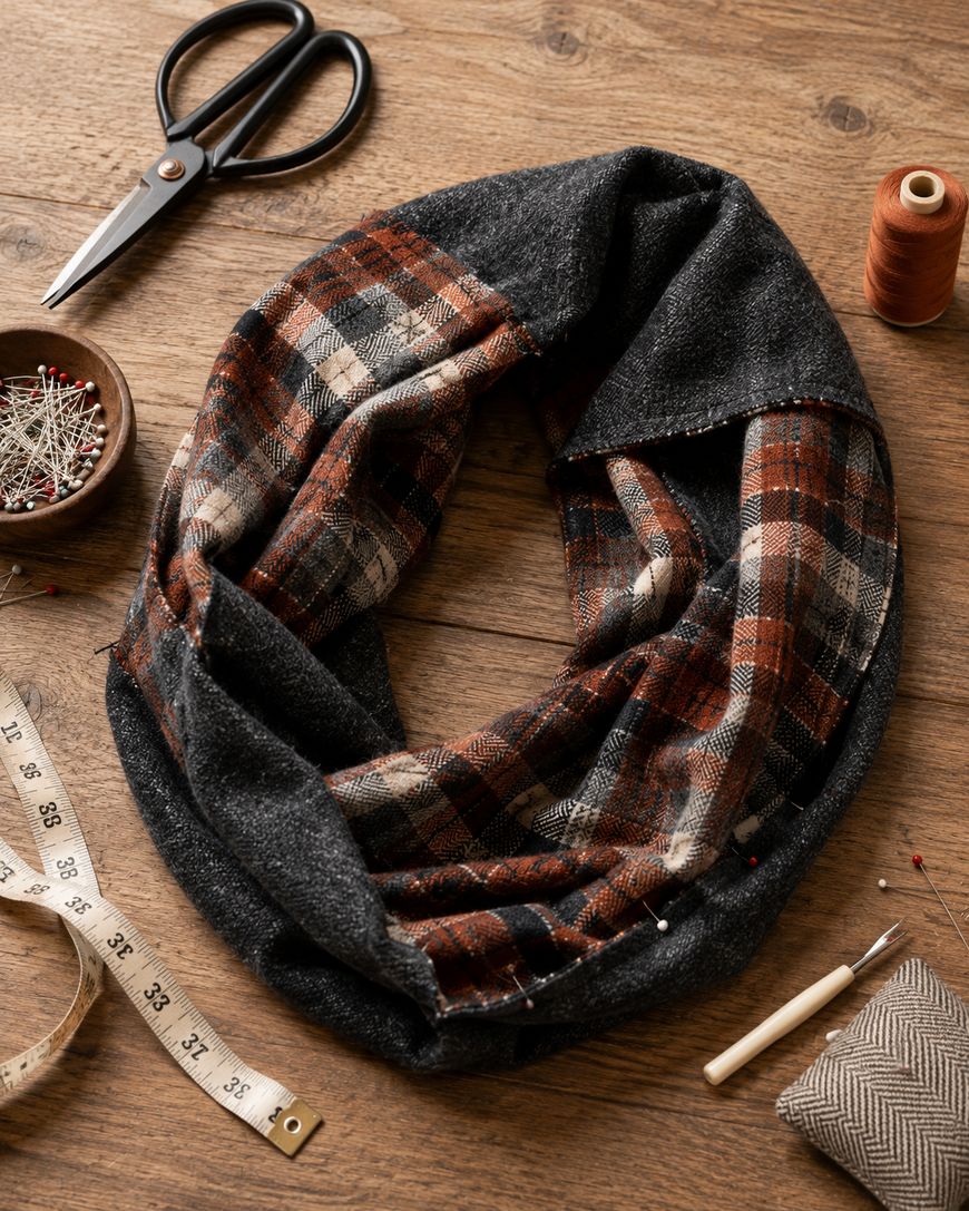 A cozy plaid and dark gray infinity scarf is being sewn on a wooden surface, surrounded by sewing tools: scissors, thread, pins, a measuring tape, and a seam ripper.