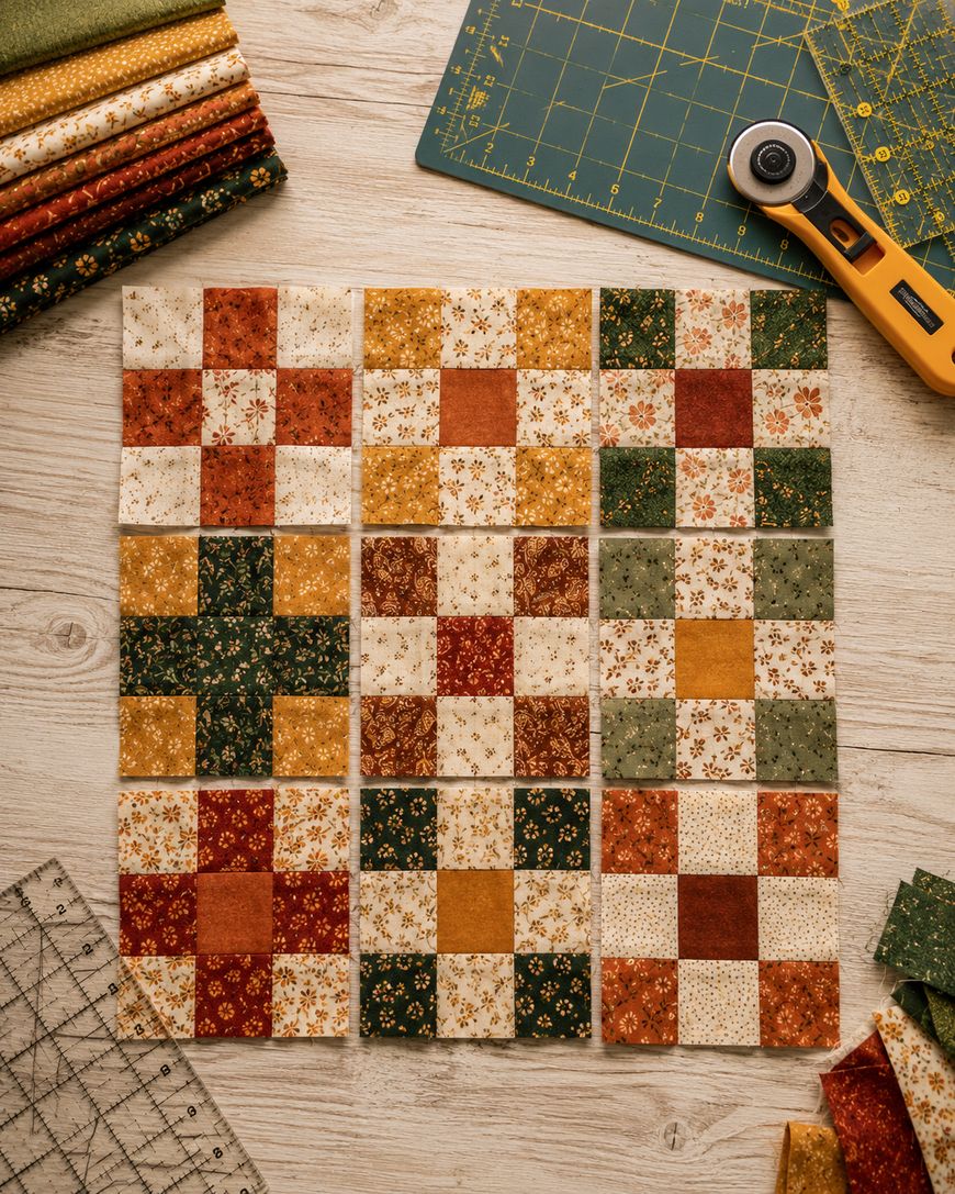 A patchwork quilt block in autumn colors is surrounded by fabric squares, a rotary cutter, a cutting mat, and quilting rulers on a wooden table. The fabrics are orange, gold, green, and cream with small floral prints.