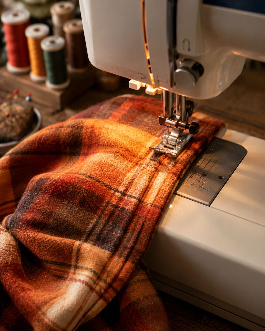 A sewing machine stitching a brown plaid fabric, with spools of thread and a pincushion visible in the background on a wooden table. Warm light highlights the fabric and the sewing area.