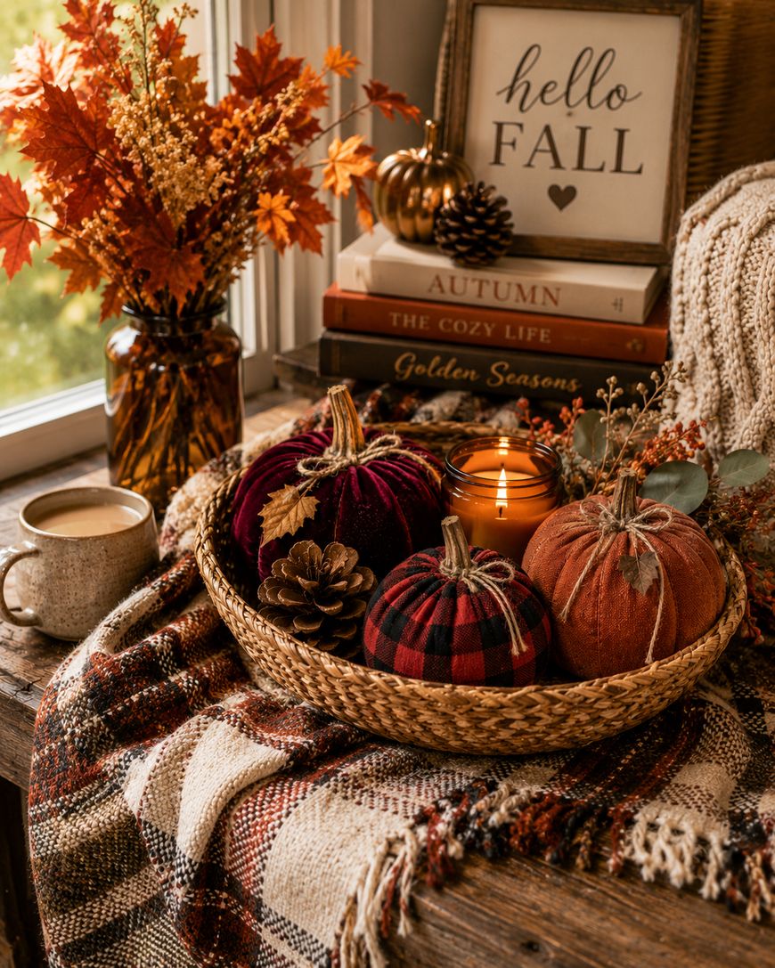 A cozy autumn scene with plaid fabric, fabric pumpkins, a lit candle, pinecones, a mug, a vase of fall leaves, and stacked books near a window. A framed sign reads hello FALL.