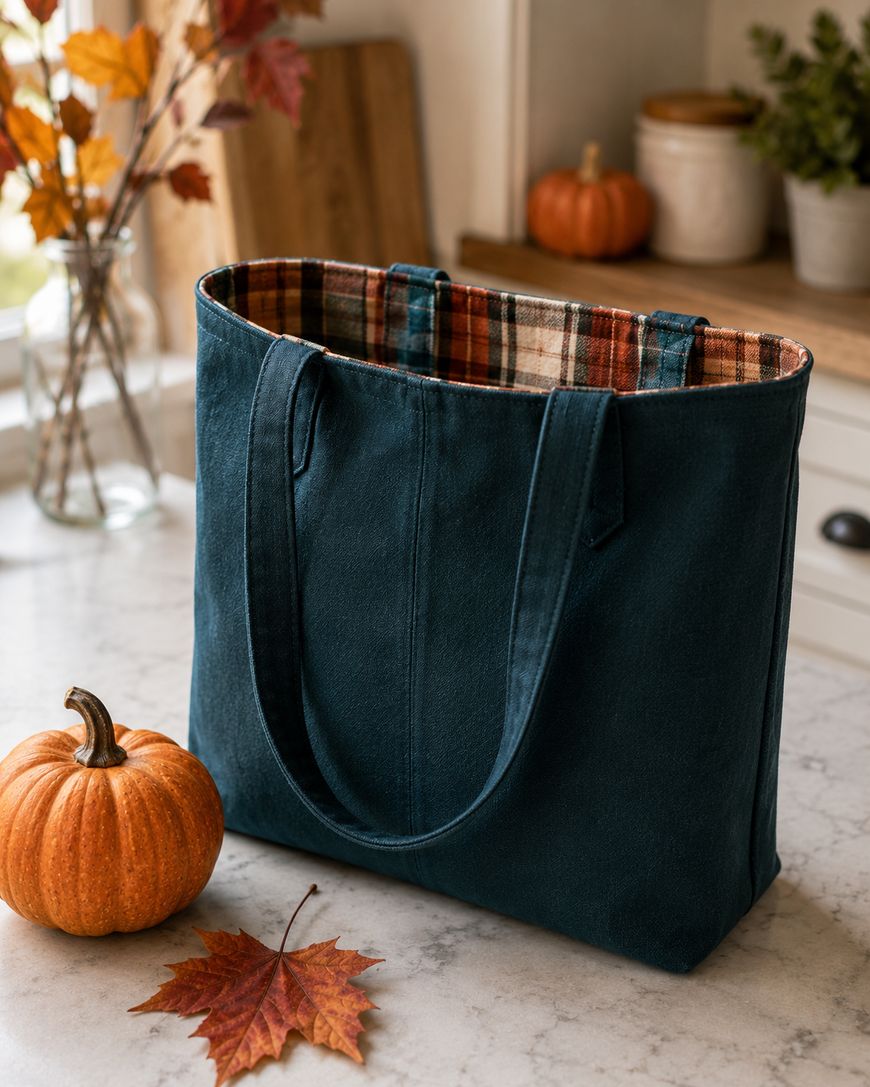 Dark teal tote bag with plaid fabric lining, placed on a marble countertop beside an orange pumpkin and a brown autumn leaf. In the background, fall decor including another pumpkin and a vase with autumn leaves.