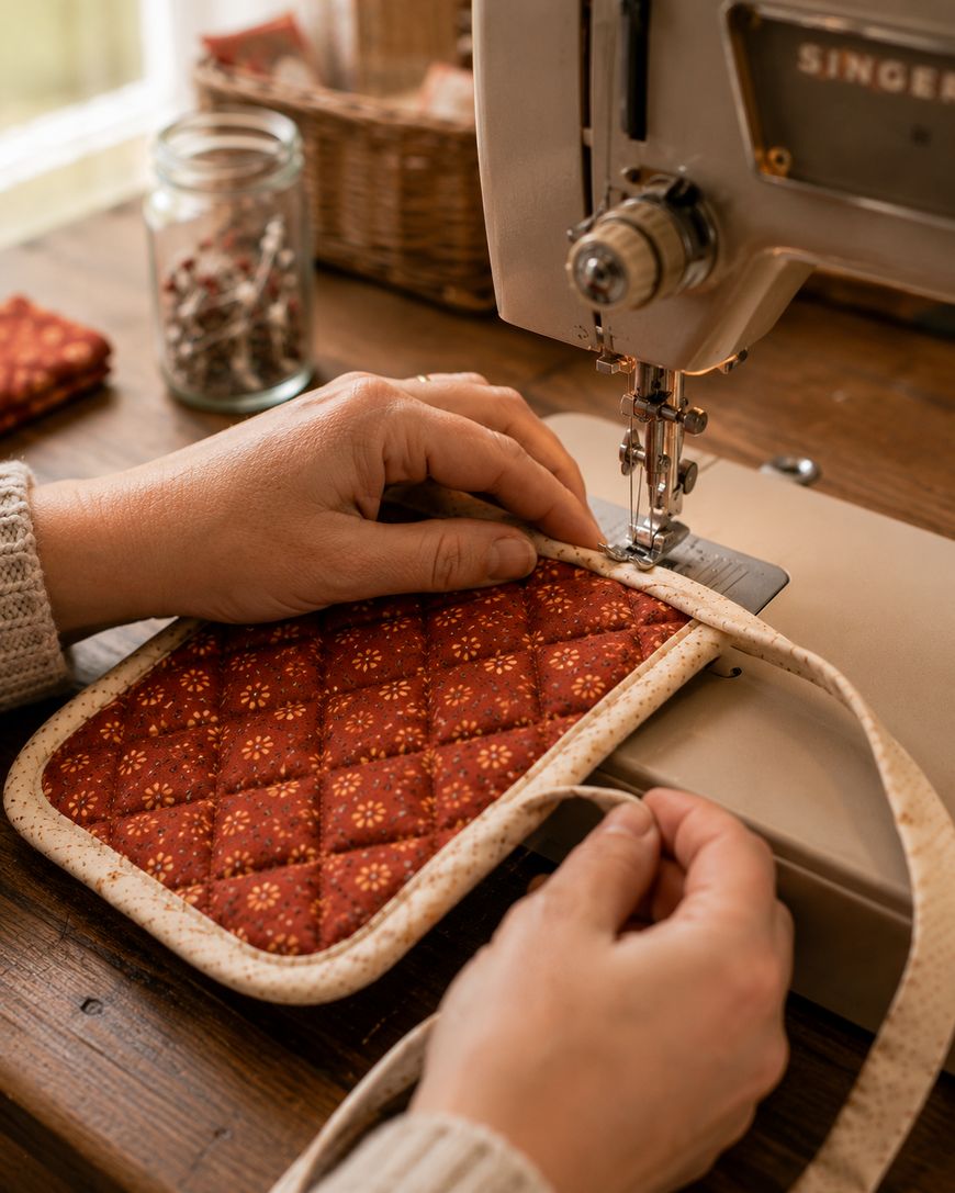 A person sewing a quilted, red-patterned fabric piece with a beige border on a vintage Singer sewing machine, with sewing supplies and a jar of pins on the wooden table nearby.