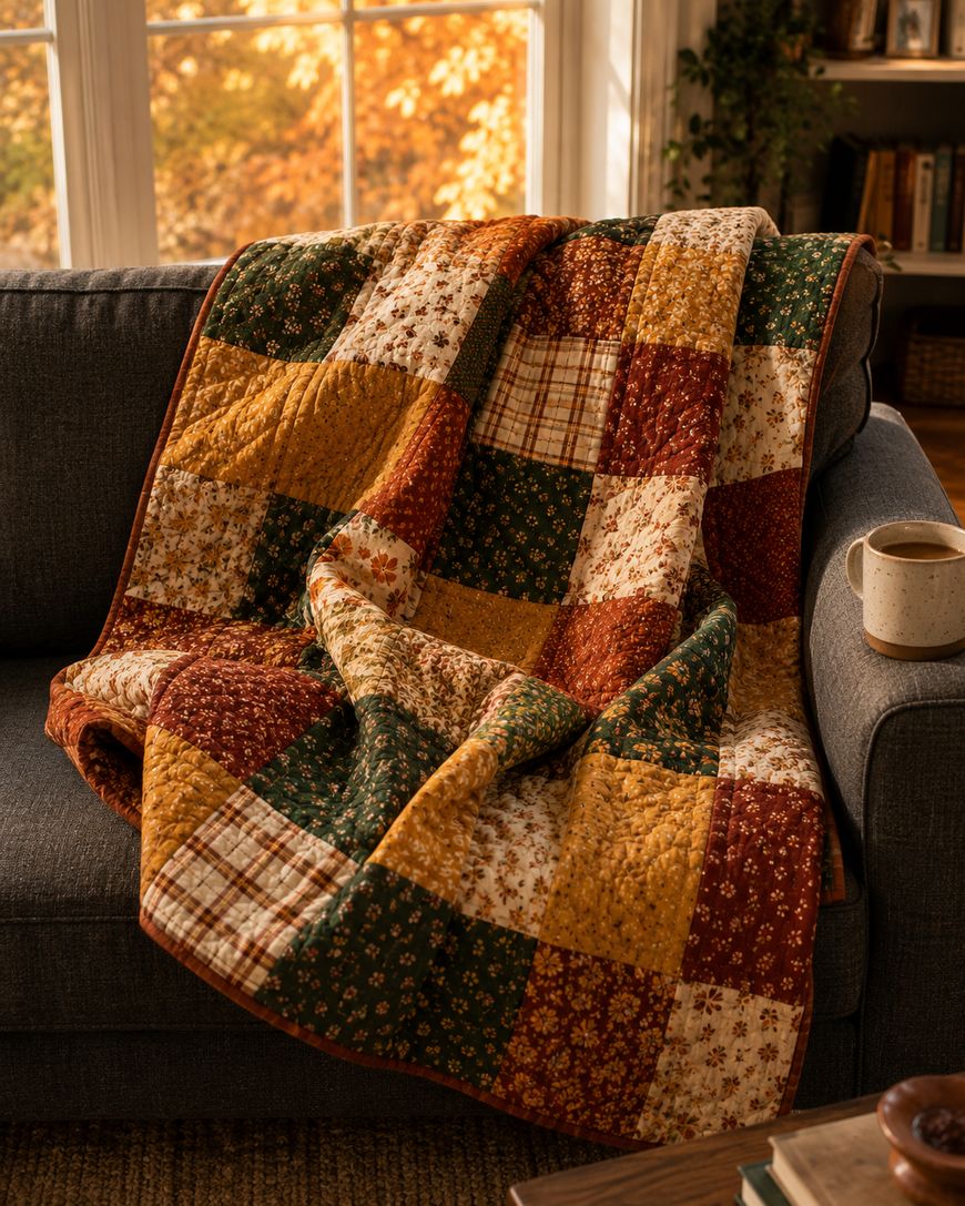 A colorful patchwork quilt in warm autumn tones drapes over a gray sofa. A mug rests nearby, and sunlight streams through a window, highlighting fall foliage outside. The setting feels cozy and inviting.