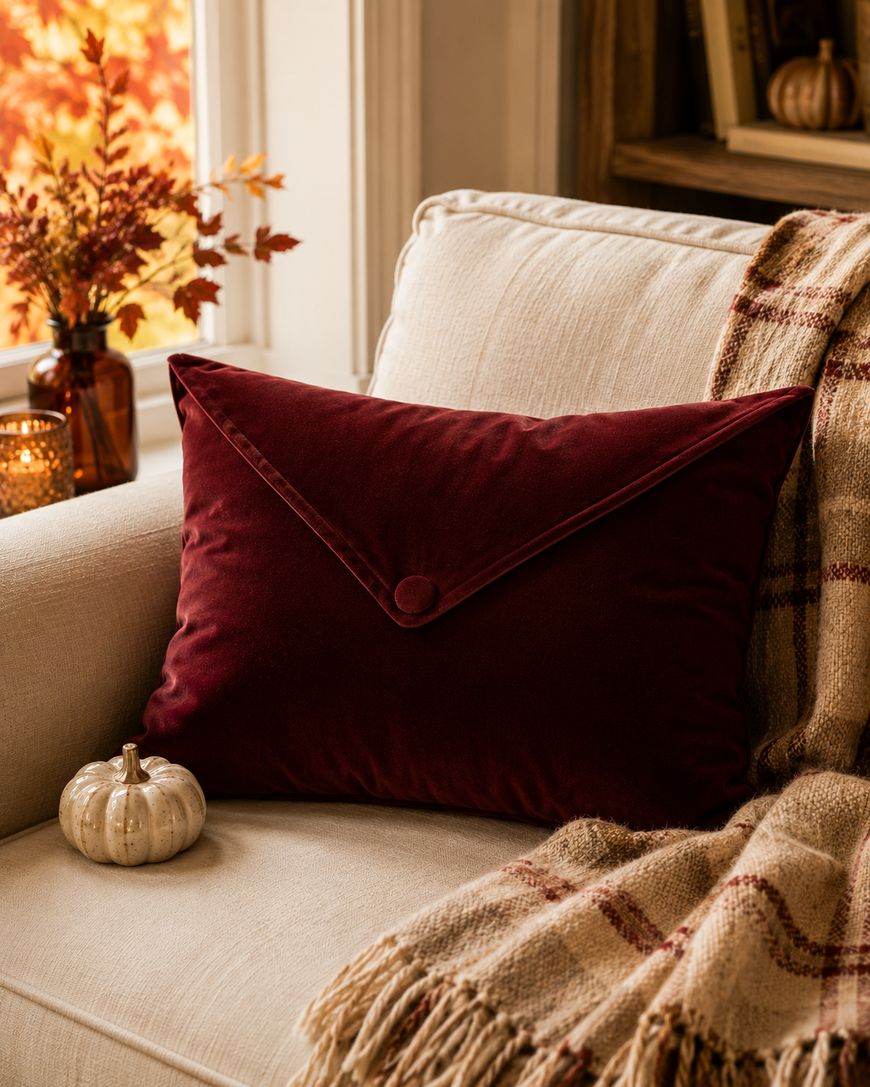 A burgundy envelope-shaped pillow sits on a beige sofa beside a small white pumpkin and a plaid blanket, with autumn foliage visible through the window in the background.