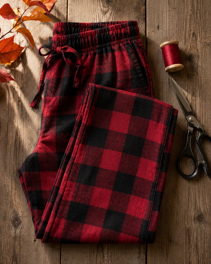 A pair of red and black plaid pajama pants folded on a wooden surface, with a spool of red thread, a pair of scissors, and orange autumn leaves nearby.