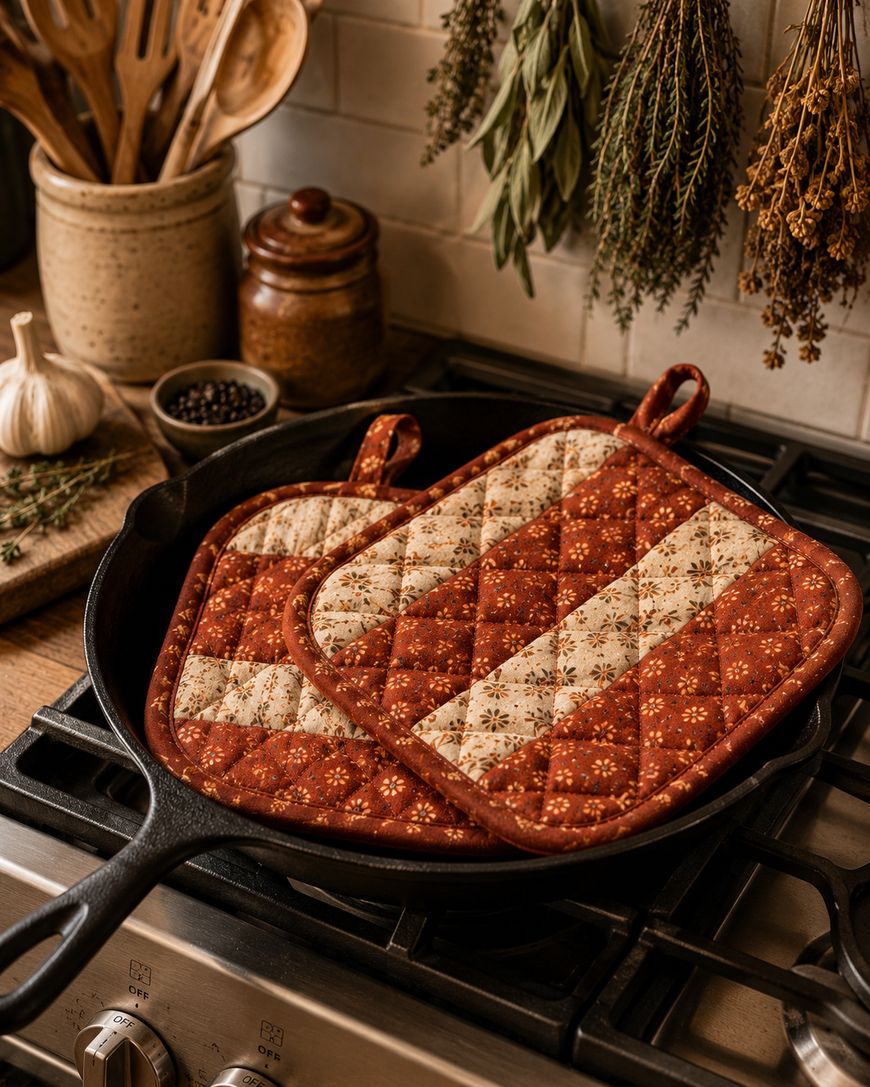 Two quilted pot holders with red and beige diagonal stripes and floral patterns rest inside a cast iron skillet on a stove. Kitchen utensils, dried herbs, and jars are visible in the background.