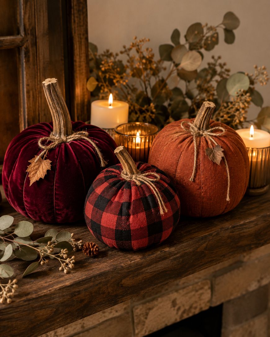 Three decorative pumpkins—one red velvet, one orange velvet, and one black-and-red plaid—sit on a wooden mantel with candles and dried eucalyptus branches, creating a cozy autumn atmosphere.
