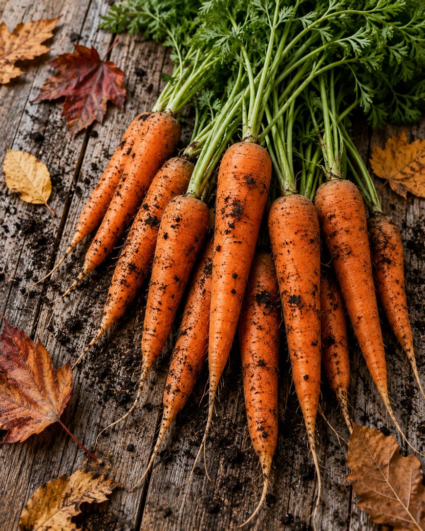 Freshly harvested carrots with green tops and soil still on them, laid out on a rustic wooden surface with scattered autumn leaves.