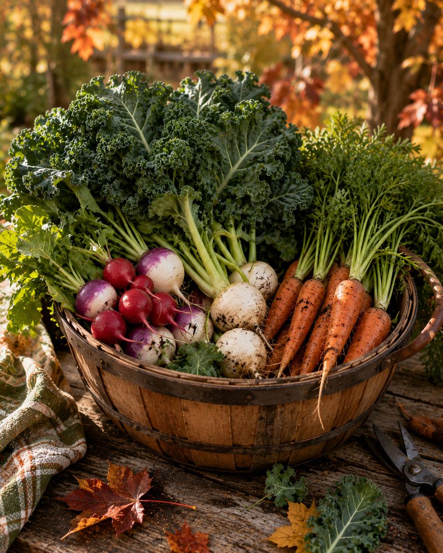 A wooden basket filled with freshly harvested carrots, turnips, radishes, and kale sits on a rustic table outdoors, surrounded by autumn leaves and gardening tools.
