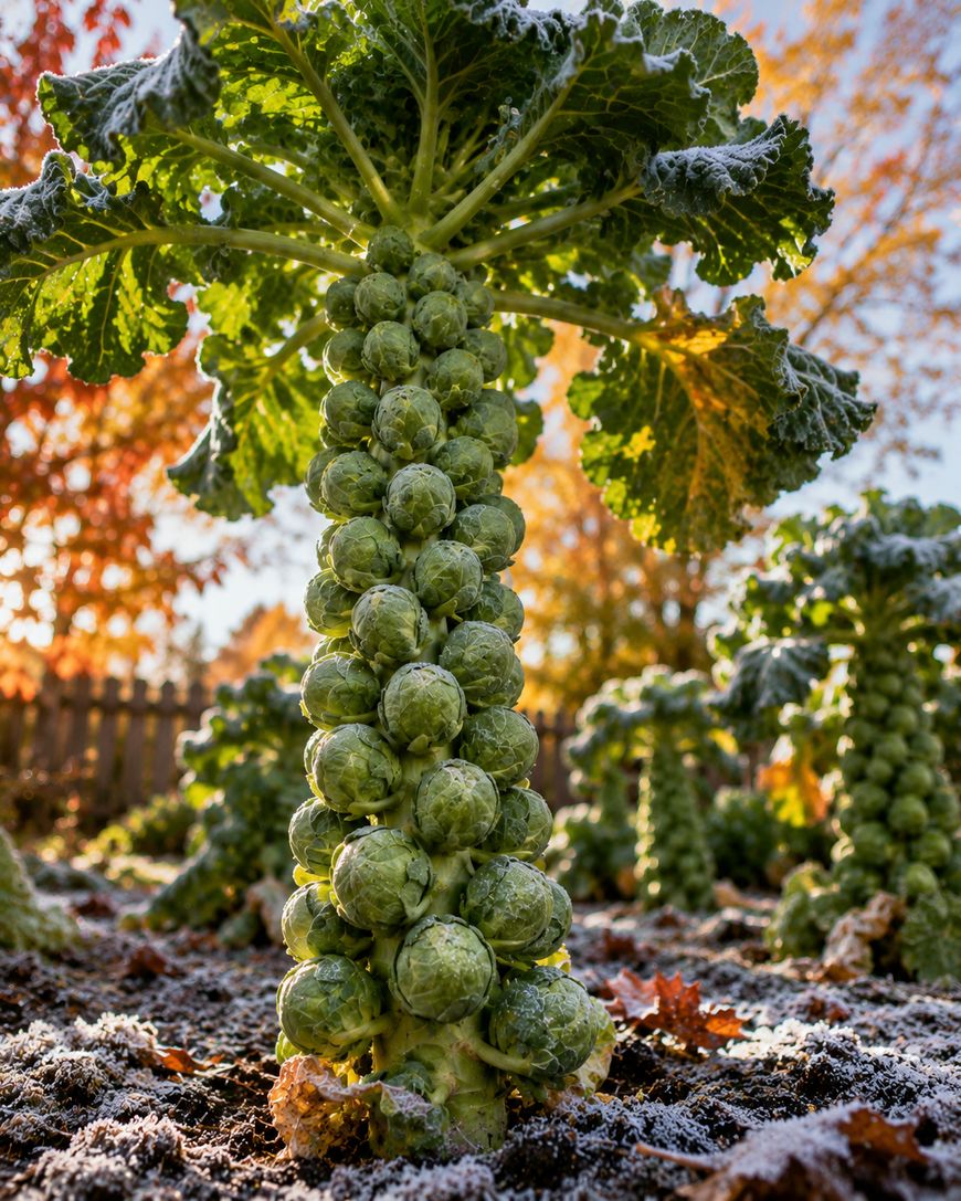 Close-up of a tall Brussels sprout plant growing in a frosty garden, with green sprouts clustered along the stem and large leaves on top. Autumn trees with colorful leaves are blurred in the background.
