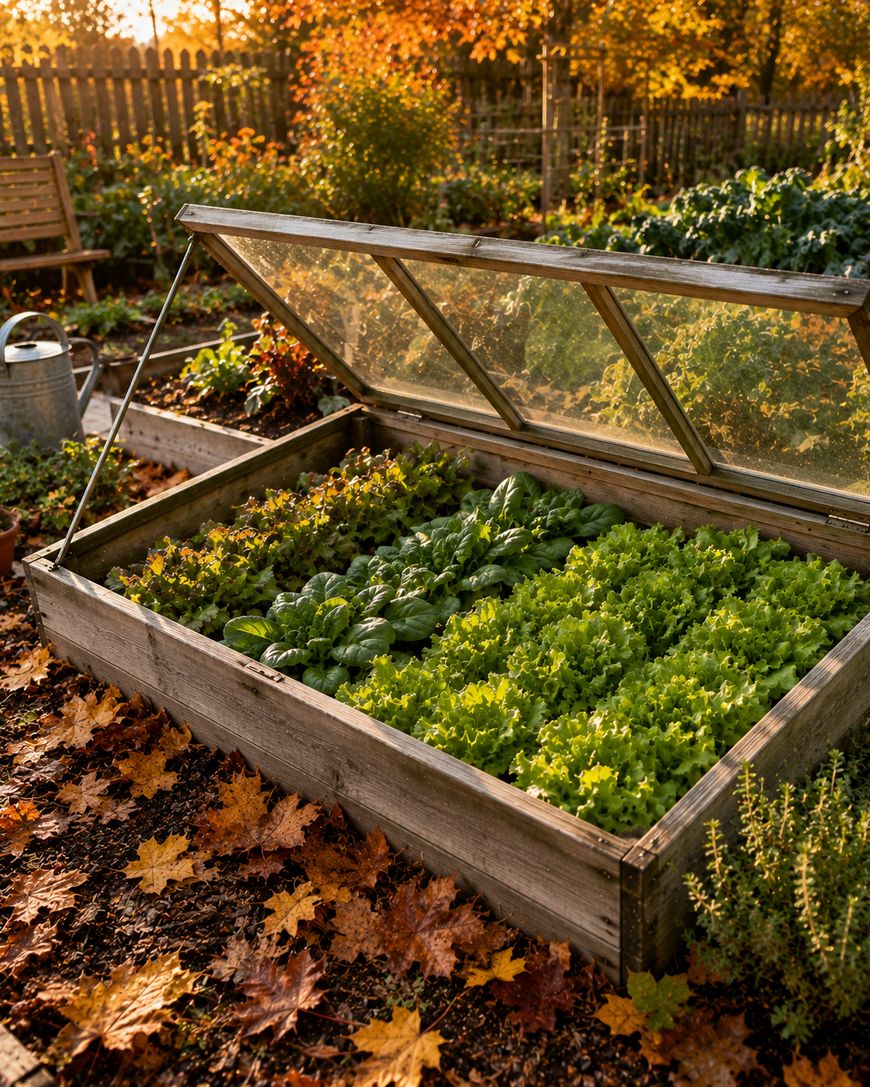 A wooden cold frame with glass lid open, filled with rows of leafy green vegetables, sits in a garden surrounded by autumn leaves, plants, and warm sunlight. A watering can and bench are visible in the background.