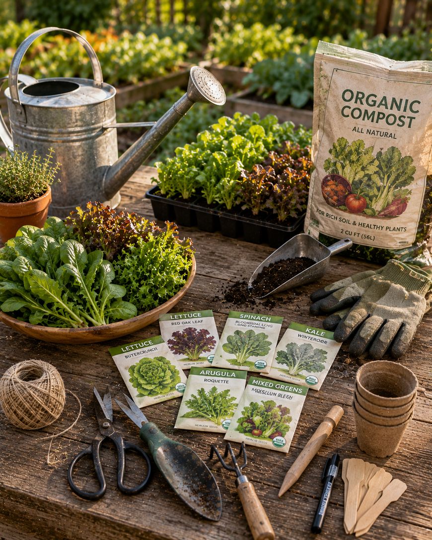 A gardening setup on a wooden table shows seed packets, a bowl of leafy greens, gardening tools, gloves, compost, twine, small pots, seedlings, and a watering can, all outdoors with a garden in the background.