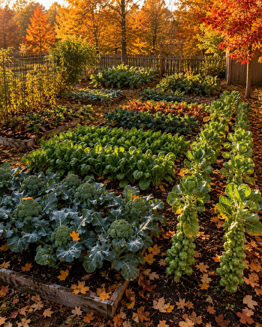 A lush vegetable garden in autumn, with rows of leafy greens, broccoli, and Brussels sprouts. Fallen yellow leaves cover the ground, and colorful trees with orange foliage stand in the background.