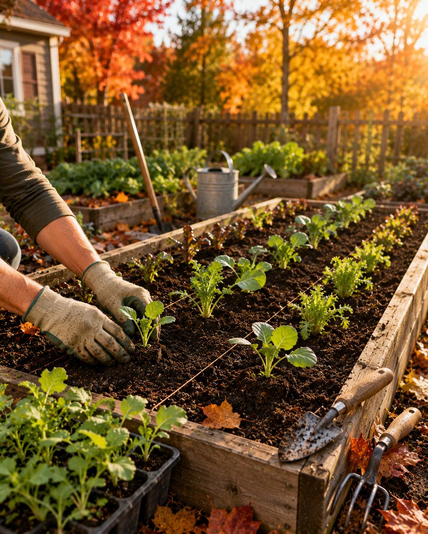 A person wearing gloves plants young vegetable seedlings in a raised garden bed on a sunny autumn day, surrounded by gardening tools, green plants, and colorful fall foliage.