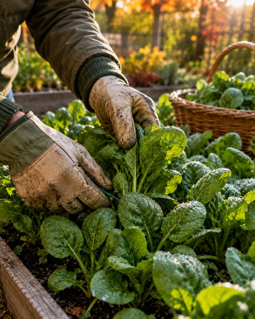 A person wearing gloves harvests fresh green leafy vegetables from a raised garden bed, with a wicker basket filled with greens nearby and sunlight illuminating the garden.