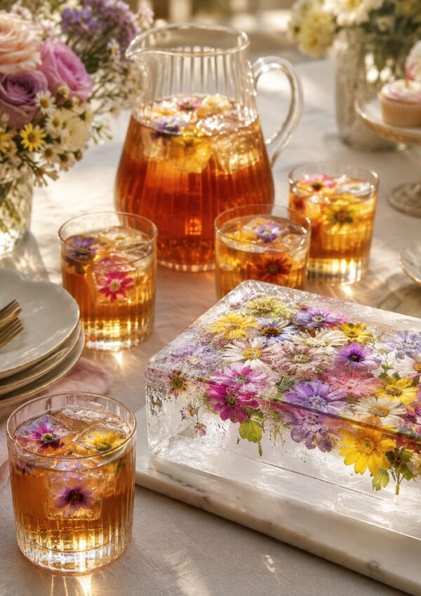 A table set with glasses and a pitcher of iced tea, each drink garnished with edible flowers. A large block of ice with colorful flowers inside is displayed on a marble tray, surrounded by flowers, plates, and cupcakes.