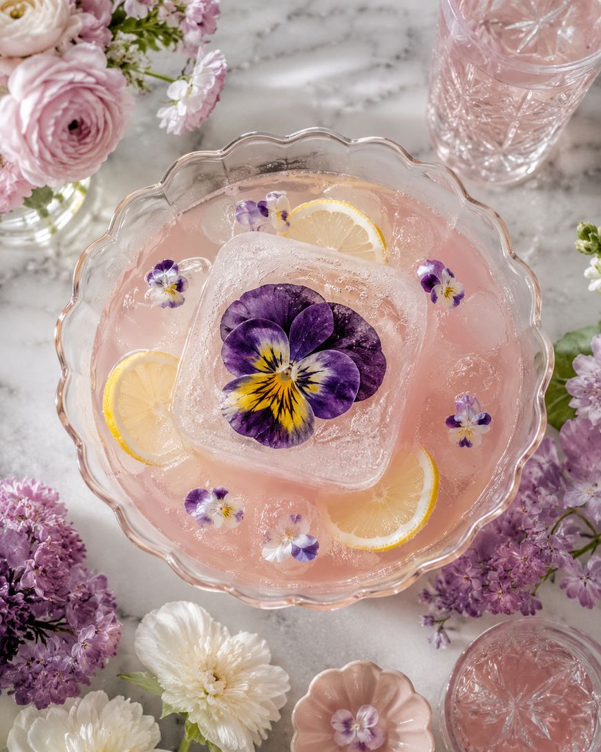 A glass punch bowl with pink lemonade, lemon slices, and edible flowers, topped with a large ice cube holding a purple pansy. Surrounded by pink and purple flowers on a marble surface.