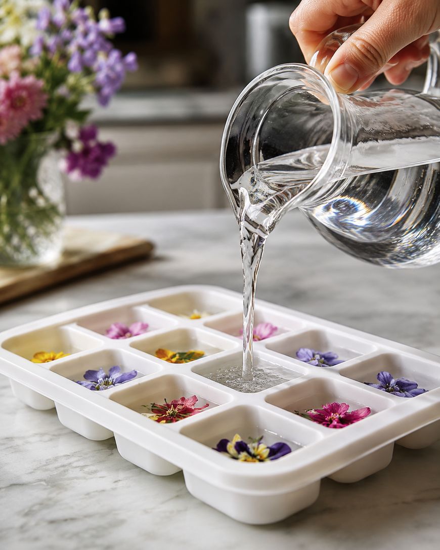 A hand pours water from a glass pitcher into an ice cube tray filled with colorful edible flowers, sitting on a marble countertop. A bouquet of flowers is blurred in the background.