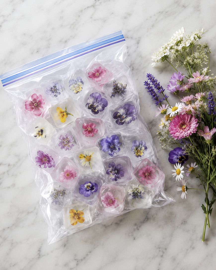 A zip-top bag contains ice cubes with colorful edible flowers inside, placed on a marble surface next to a small bouquet of assorted flowers.