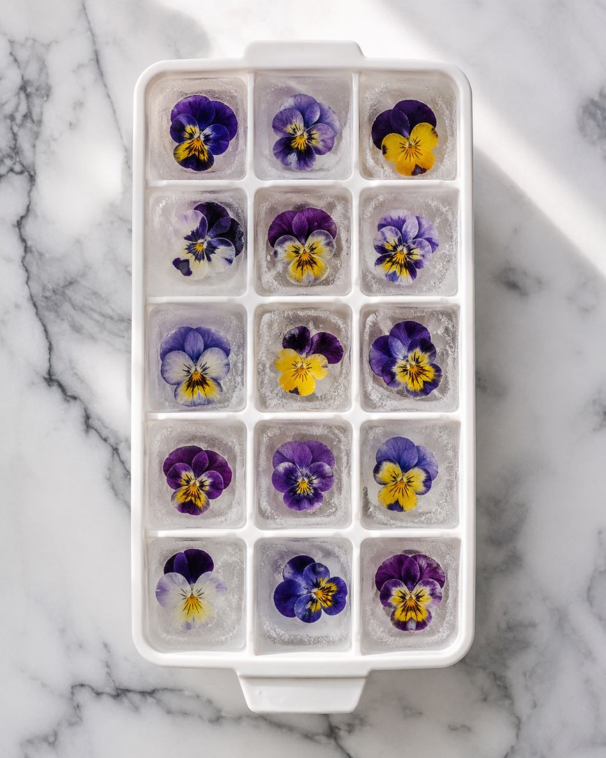 A white ice cube tray on marble contains ice cubes with purple and yellow edible flowers frozen inside each compartment.