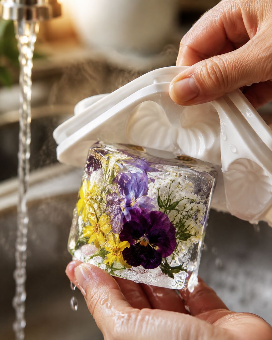 A hand holds a clear ice block with colorful flowers inside, just removed from a white mold under running water.