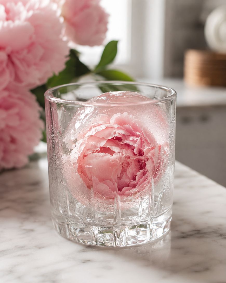 A clear glass with a large round ice sphere encasing a pink peony flower sits on a marble surface, with pink peonies and green leaves blurred in the background.
