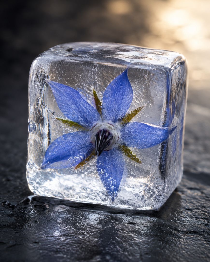 A close-up of a clear ice cube with a blue flower frozen inside, resting on a dark, wet surface with soft, warm lighting in the background.