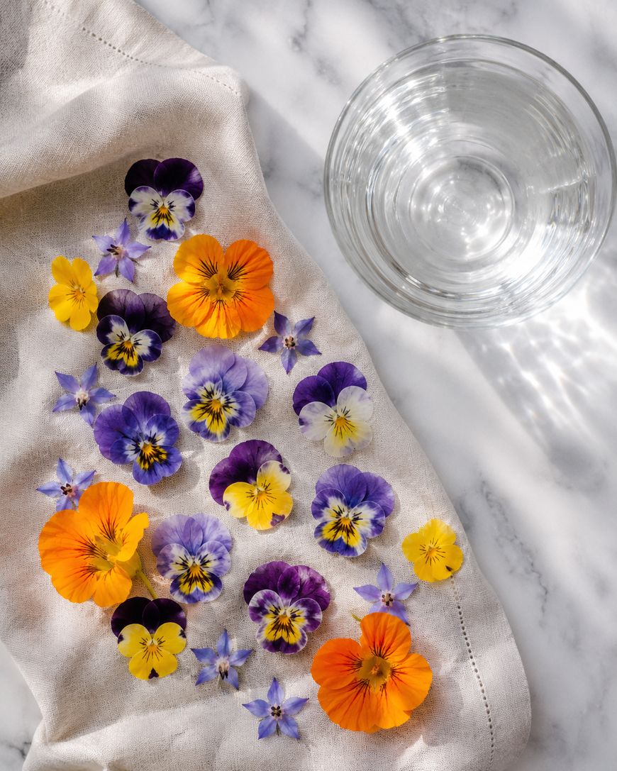 An arrangement of colorful edible flowers on a light cloth next to a glass of water, all set on a white marble surface.