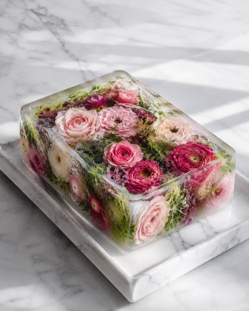 A rectangular block of clear ice with pink, white, and purple flowers and green foliage frozen inside, placed on a white marble tray on a marble surface.