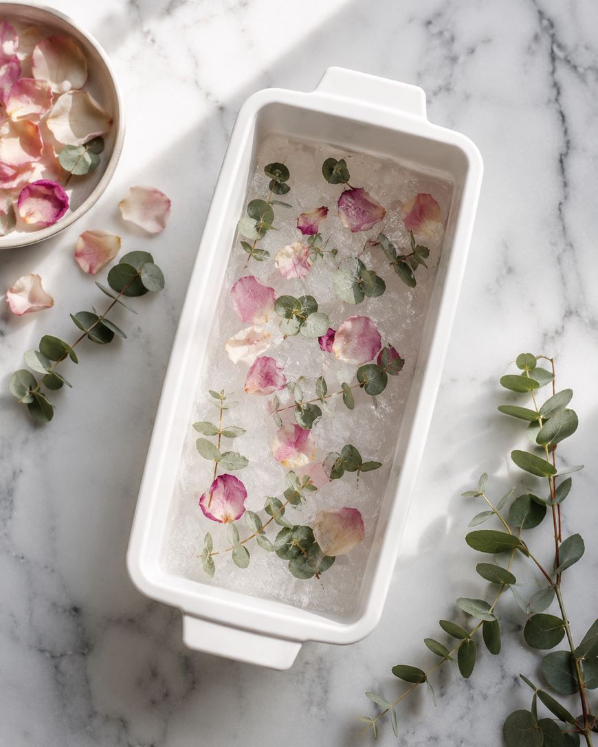 A white rectangular dish filled with ice, topped with scattered rose petals and eucalyptus sprigs, sits on a marble surface. Loose petals and eucalyptus branches are arranged around it.