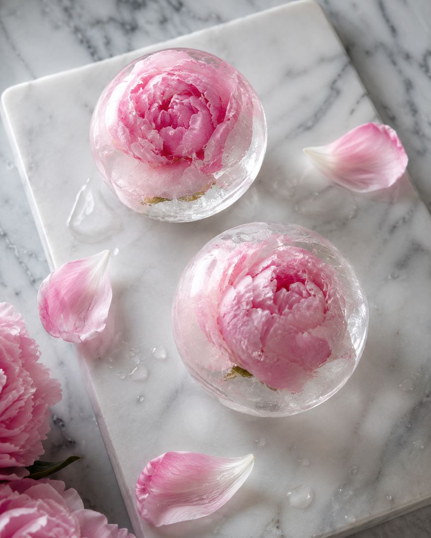 Two pink peony flowers are frozen inside clear ice spheres, placed on a white marble slab with a few pink petals and water droplets scattered around.