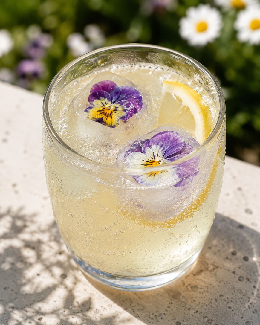 A glass of lemonade with ice cubes containing purple and yellow edible flowers, garnished with a lemon slice, sits on a sunlit surface with daisies and greenery blurred in the background.
