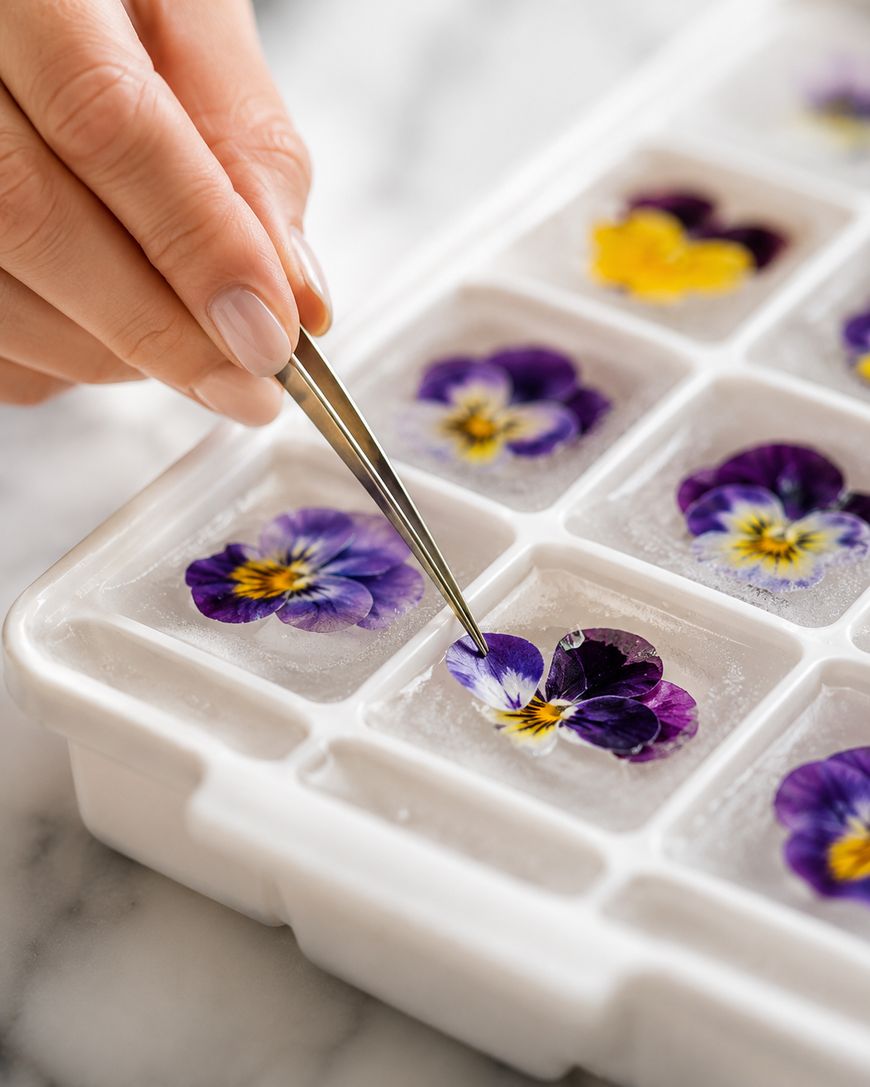 A hand uses tweezers to place a purple and yellow flower into an ice cube tray filled with water, with some flowers already in other compartments.
