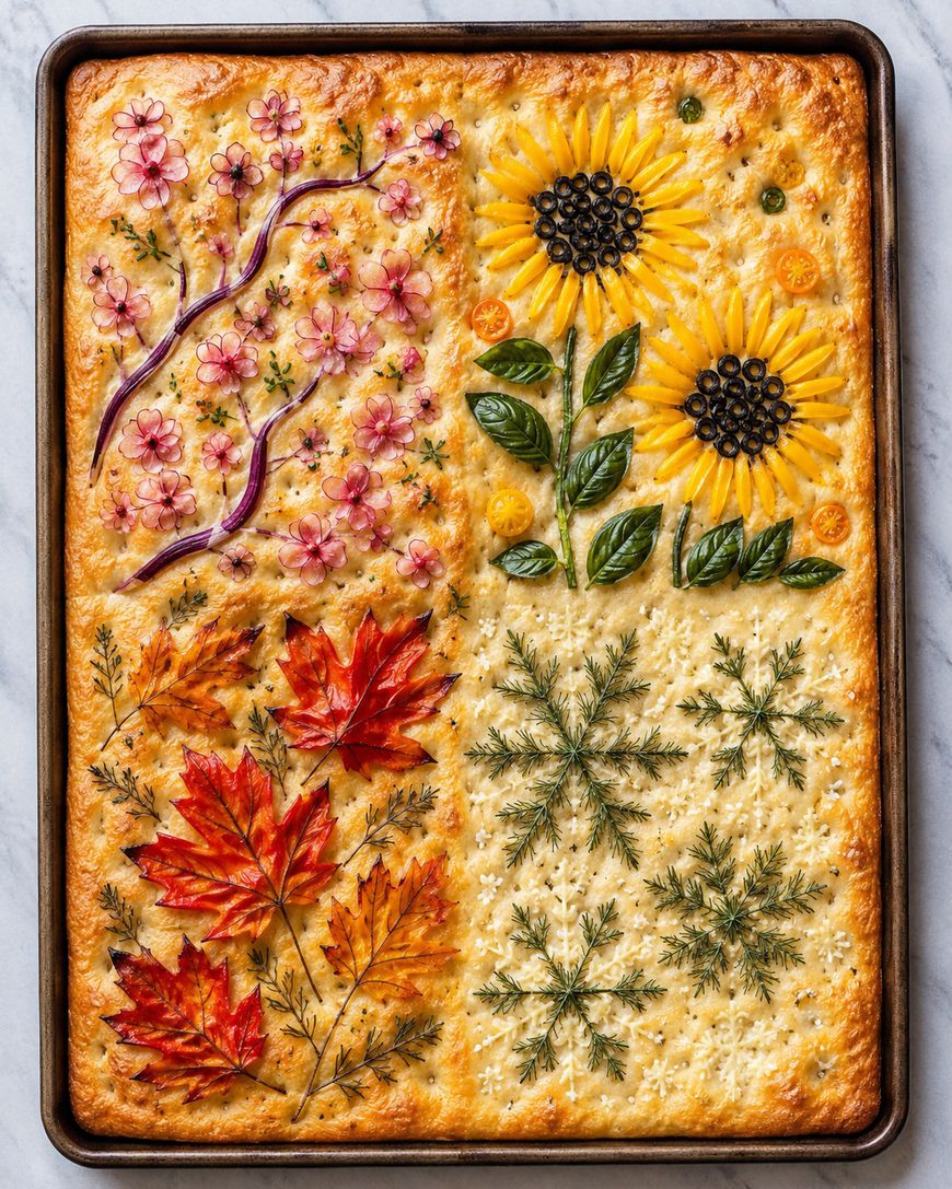 A focaccia bread divided into four sections, each decorated with vegetables and herbs to depict cherry blossoms, sunflowers, autumn leaves, and snowflakes, representing the four seasons.