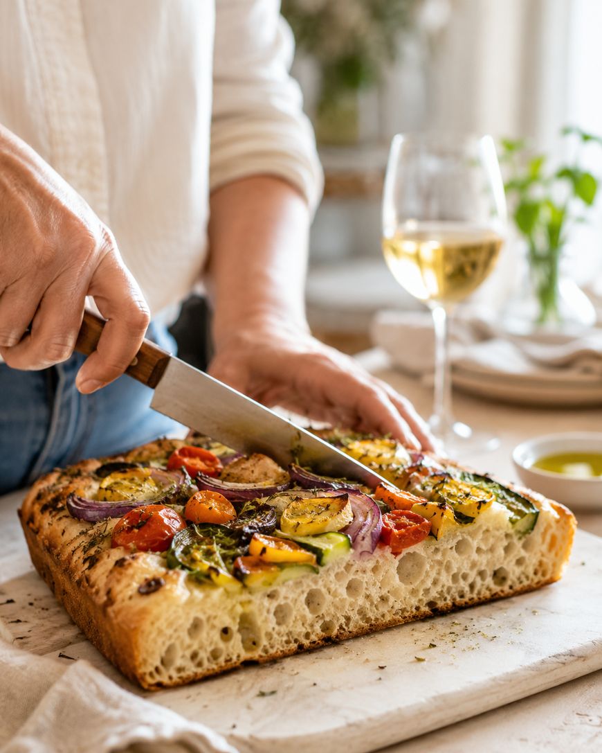 A person slices a thick, vegetable-topped focaccia bread on a cutting board. A glass of white wine and a small dish of olive oil sit nearby on a sunlit table.